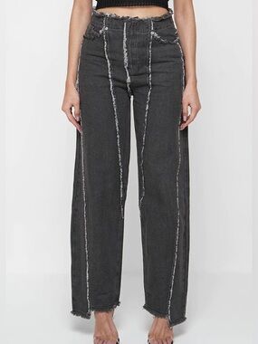 Maniere De Voir high waisted hem stitching straight leg denim pants
